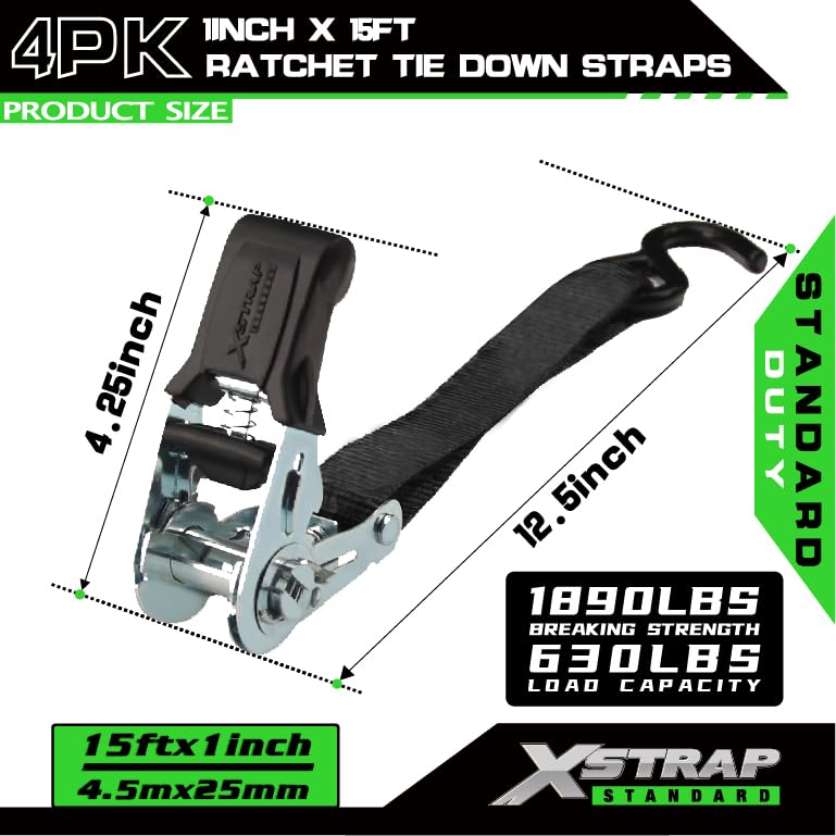 XSTRAP STANDARD أحزمة ربط XSTRAP STANDARD - 4 حزمة - 1'' x 15 قدم - سعة تحميل 630 رطل، قوة كسر 1890 رطل، أحزمة شحن لنقل البضائع، الأجهزة، معدات الحديقة، الدراجات النارية (أسود) - Image 5